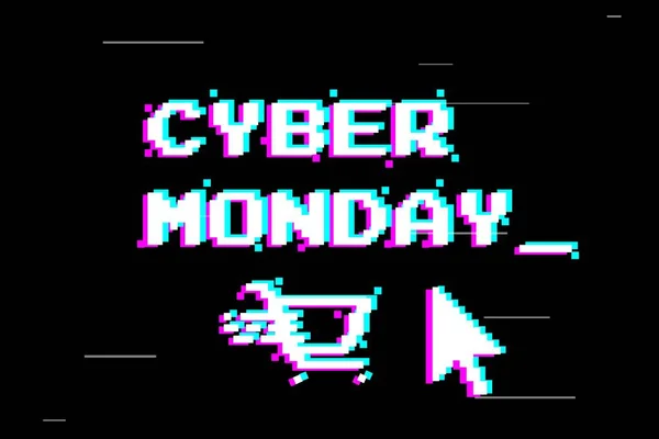 Czarne Tło Pikselowym Koszykiem Cyber Tekstem Poniedziałek — Wektor stockowy