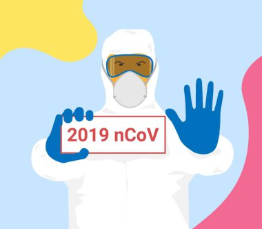 Koronavirüsü imzalayın. Ncov 2019 Coronavirüs 'ü durdurun. Coronavirus maskesi. Pandemik tıbbi konsept. Solunum cihazını koruyan bir adam.