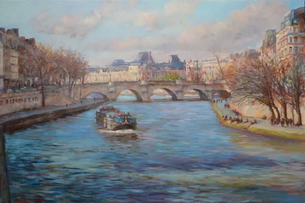 油絵、パリのセーヌ川の上の橋から見る — ストック写真