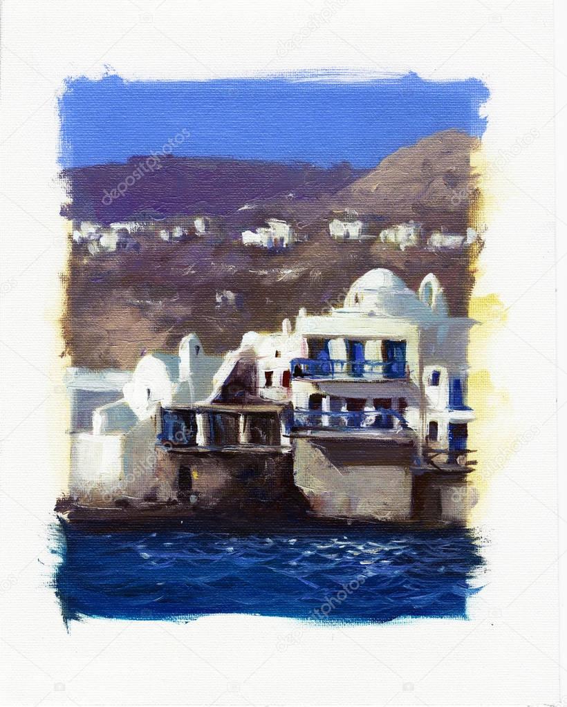 Old houses near the sea on the island of Mykonos
