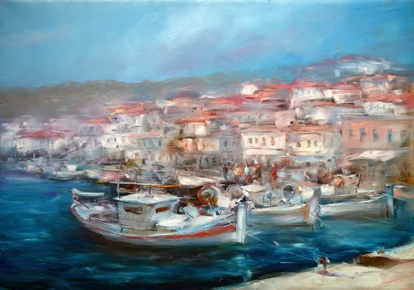 Barche sul porto dell'isola, pittura fatta a mano — Foto Stock