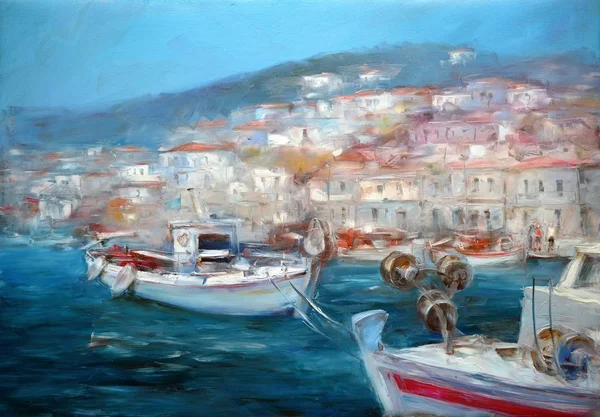Boats On The Island Harbor,handmade Painting