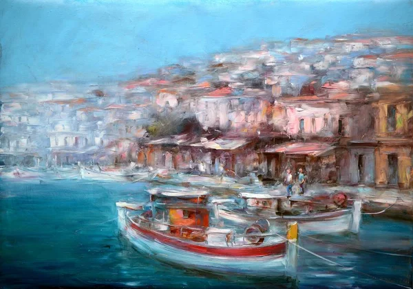 Barche sul porto dell'isola, pittura fatta a mano — Foto Stock