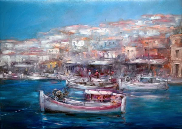 Barche sul porto dell'isola, pittura fatta a mano — Foto Stock