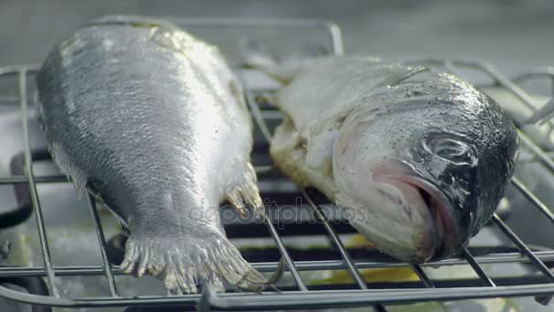 Vis op elektrische grill buiten met de hand draaien en vork — Stockvideo