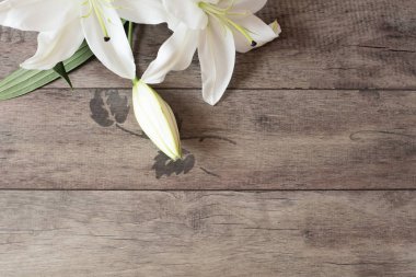 Ahşap arka plan üzerinde Beyaz nilüfer ile çerçeve çiçek. Pazarlama fotoğraf tarz. Uzay kopyalayın. Düğün, hediye kartı, Sevgililer günü veya anneler günü arka plan