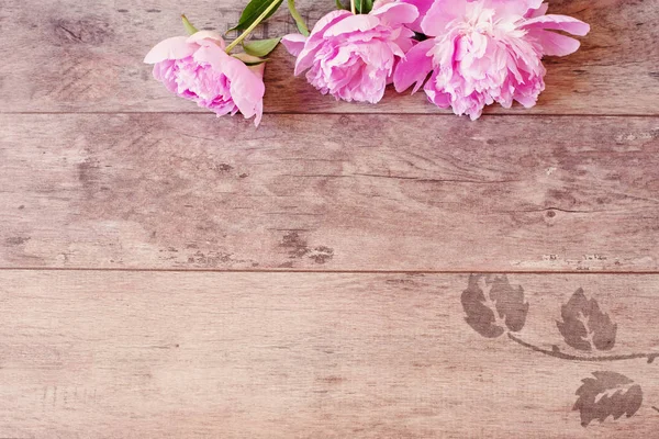 Marco floral con peonías rosadas sobre fondo de madera. Fotografía de marketing con estilo. Copiar espacio. Boda, tarjeta de regalo, día de San Valentín o fondo de día de las madres — Foto de Stock