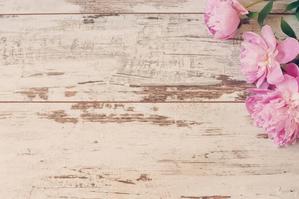 Impresionantes peonías rosadas sobre fondo de madera rústico de luz blanca. Copiar espacio, marco floral. Vintage, buscando neblina. Boda, tarjeta de regalo, día de San Valentín o fondo de día de las madres — Foto de Stock