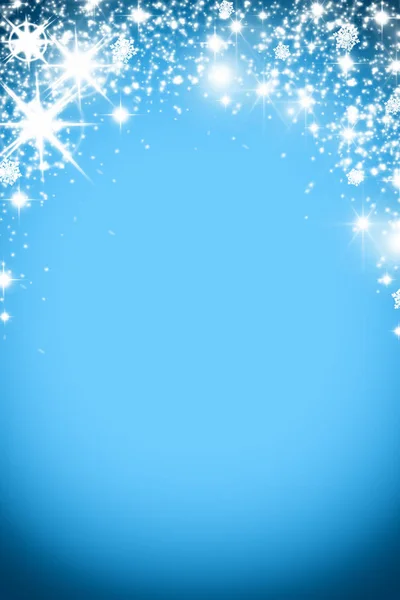 星、雪のテキストと発光のガーランドとクリスマスの背景。青いキラキラ休日背景コピー スペースを持つ。シルバーとゴールドの背景 — ストック写真