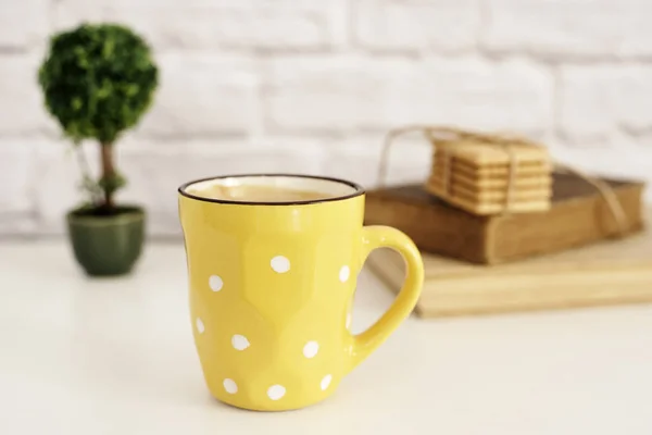 Kaffeetasse, Cappuccino, Latte, alte Bücher, Kekse und Bonsai auf weißem Tisch. graue Ziegelmauer. Freizeit Lifestylekonzept. leichter rustikaler Hintergrund — Stockfoto