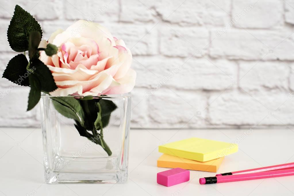 Hot Pink Styled Desktop. Garden Roses Styled Stock Photography. Product Mockup, Graphic Design. Rose Flower Mockup. Feminine Light Mock up
