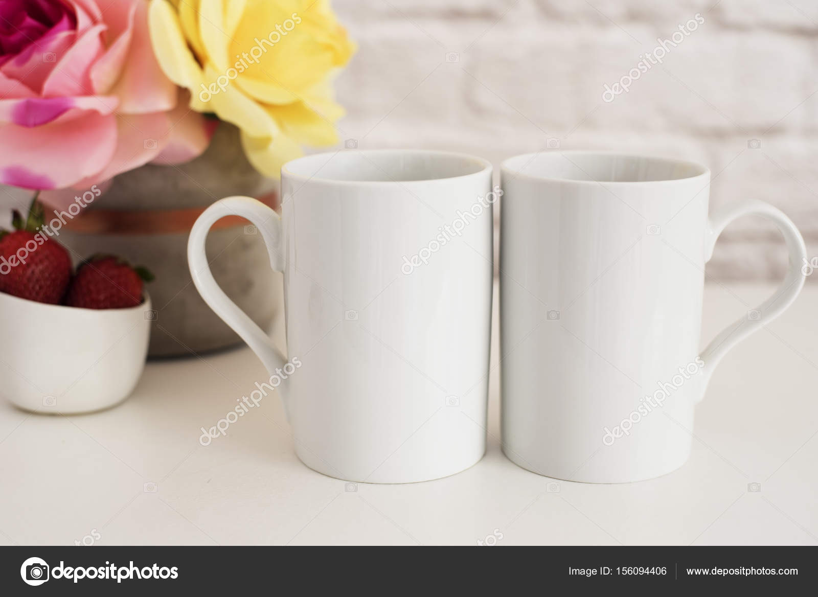Download Two Mugs White Mugs Mockup Blank White Coffee Mug Mock Up Styled Photography Coffee Cup Product Display Two Coffee Mugs On White Desk Vase With Pink Roses Stock Photo Image By C
