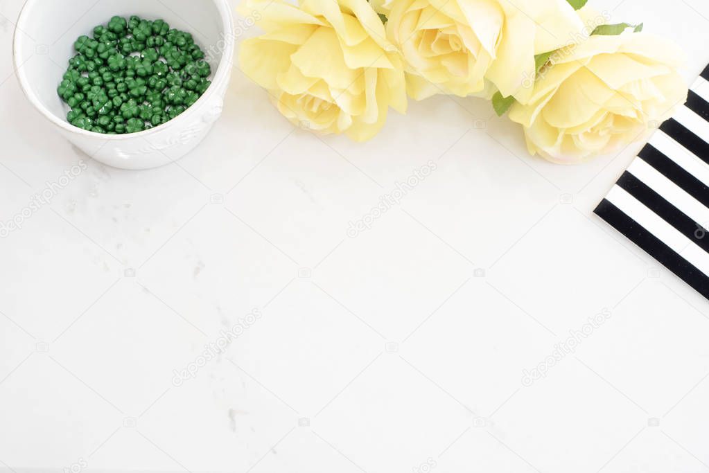 Light Marble Stylish Desktop With Yellow Roses, Black White Stripe design. Header website or Hero website, Top view . Empty place, copy space. Feminine background.  White Background Mock Up, Woman Flo
