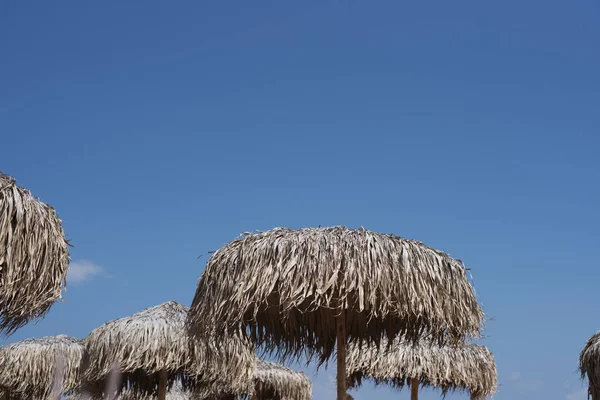 Sombrilla de paja. Temporada de playa, tiempo de descanso y viaje. Lugar para el texto. Fondo del cielo. Paraguas de paja del sol — Foto de Stock