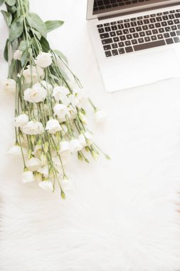Kürk halı laptop ve beyaz bir yerde bir büyük buketi beyaz çiçekler. Serbest moda rahat kadınlık ev çalışma alanı düz yatıyordu tarzı. Üstten Görünüm, pembe ve altın. Dikey görüntü