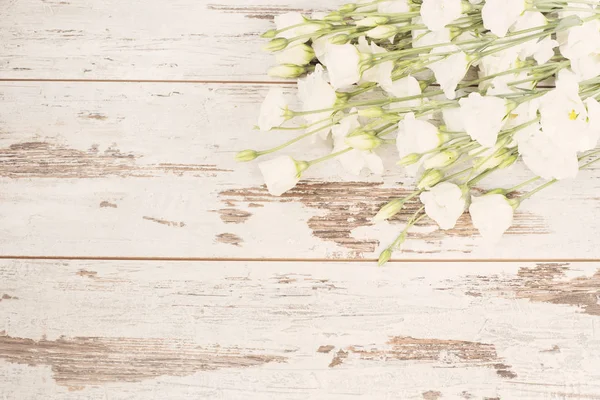 Impresionante ramo fresco de flores blancas sobre fondo de madera rústico claro. Copiar espacio, marco floral. Boda, tarjeta de regalo, día de San Valentín o fondo de día de las madres — Foto de Stock