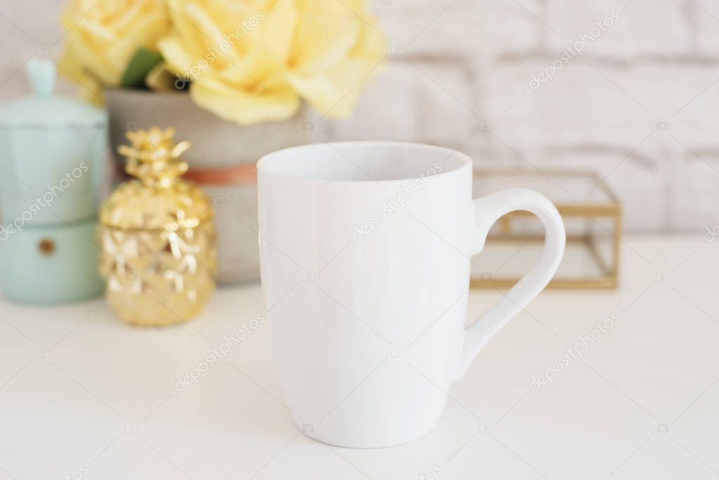 Mug Mockup. Coffee Cup Template. Coffee Mug Printing Design Template. White Mug Mockup. Blank Mug Product Image. Styled Stock Photography White Coffee Cup and Rose Flower