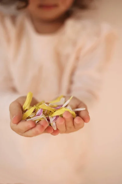 Uma Menina Segurando Pétalas Flores Nas Mãos — Fotografia de Stock