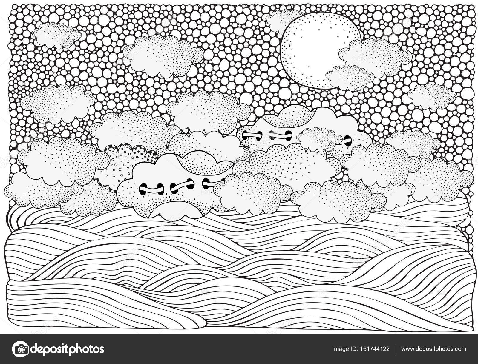Bianco e nero foto di fantasia con Luna mare e nuvole Paesaggio della spiaggia Modello per adulti da colorare libro Disegnati a mano etnici doodle