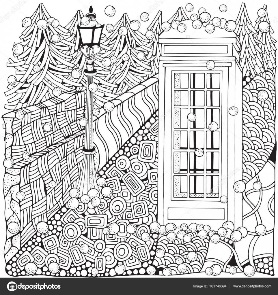 Contenitore di telefono rosso inglese Pagina del libro da colorare adulto Abeti Alberi di Natale Bianco e nero Lanterna brilla di notte