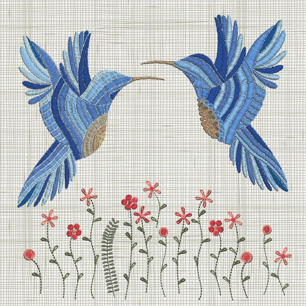 Вышивка голубых птиц — стоковый вектор