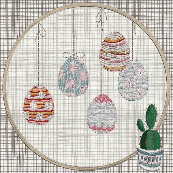 Embroidery with hanging Easter eggs — Stock Vector