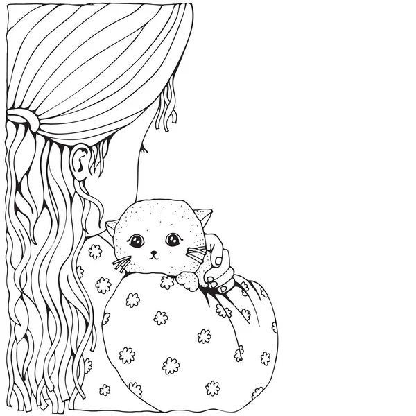 Mignon dessin animé fille avec chat . — Image vectorielle