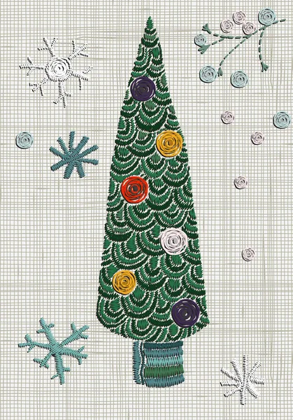 Decoratieve kerstboom borduren en sneeuwvlokken — Stockvector