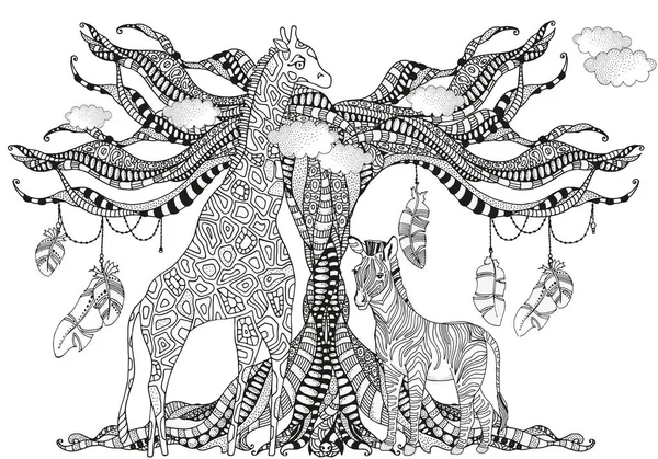 Žirafa a Zebra stylově zentangle — Stockový vektor