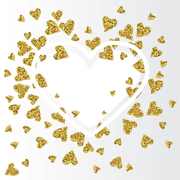 Bingkai putih dengan hati emas confetti - Stok Vektor