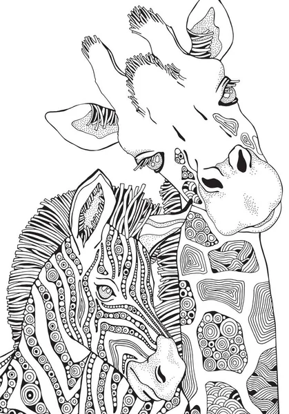 Giraffe and Zebra in zentangle style — Stock Vector