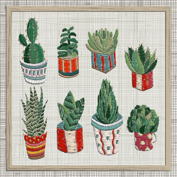 Borduurwerk ontwerpen met vetplanten en cactussen — Stockvector