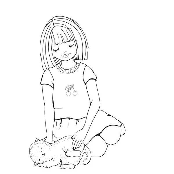 Roztomilý kreslený dívka s kočkou. — Stockový vektor