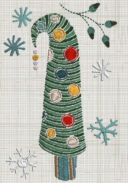 Broderie Arbre de Noël fantaisie et flocons de neige — Image vectorielle