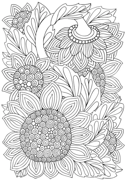 A napraforgó és a levelek a zentangle stílus — Stock Vector