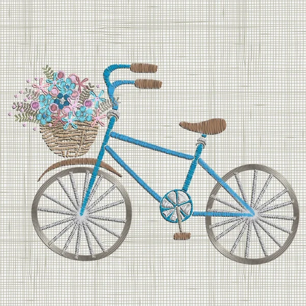 Bordado de bicicleta com flor azul na cesta . — Vetor de Stock
