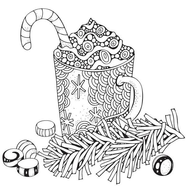 Tasse avec café chaud. Livre de coloriage adulte — Image vectorielle