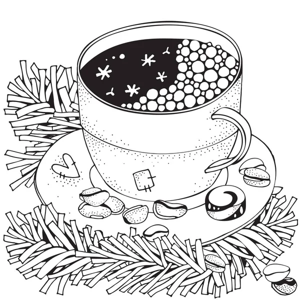 Cup with hot coffee. Adult Coloring book page. — Stock Vector