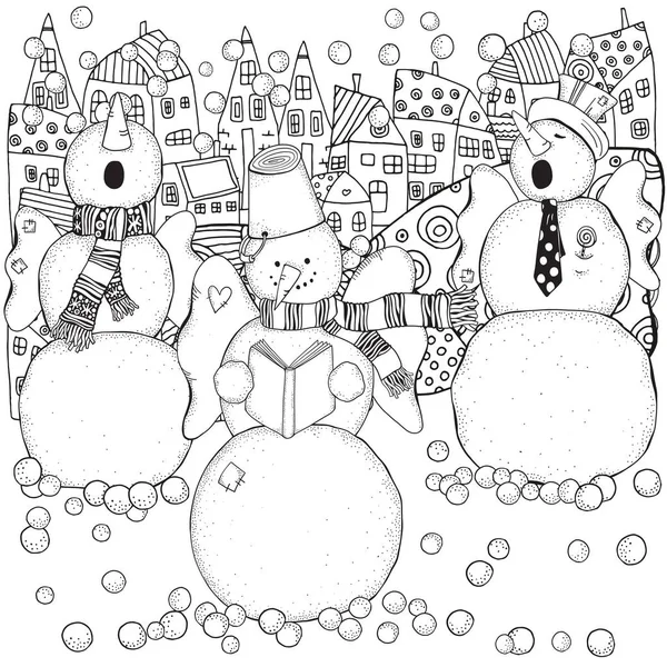 Cheerful snowmen sing songs . — Stock Vector