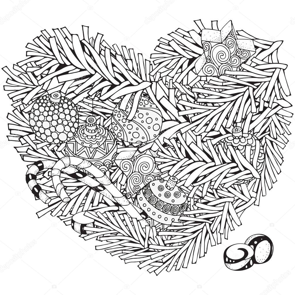 Heart Shaped Pattern With Christmas Tree Branches And Balls Xmas Decoration Coloring Book Page