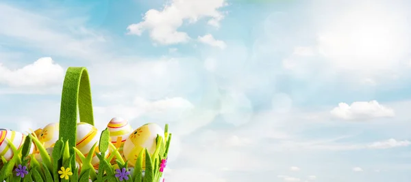 Cesta Huevos Pascua Decorados Sobre Soleado Fondo Cielo Primavera — Foto de Stock