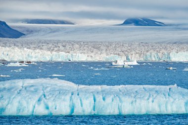 Denizde buzkıran buzulu. Buz Diyarı. Kuzey Kutbu Norveç 'te seyahat ediyor. Beyaz karlı dağ, mavi buzul Svalbard, Norveç. Kuzey kutbundaki buzdağı. Buzlu mavi gökyüzü.