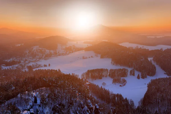 Pink morning light before sunrise. Winter twilight, cold nature in forest. Orlicke hory, Czech republic. Mountain landscape with t birch tree forest, snow and rime.