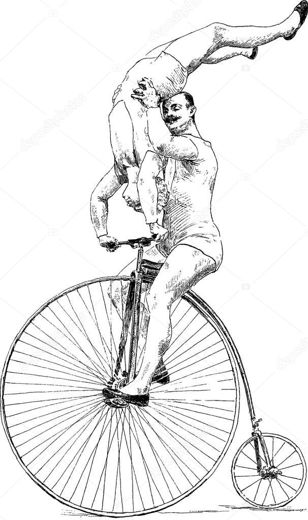 Vintage image acrobats on a bike