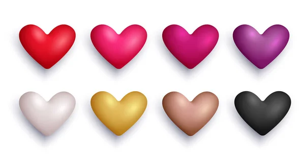 Set of 3d vector hearts for Valentine's day. Red, pink, purple, violet, white, gold, black colors. — Stock Vector