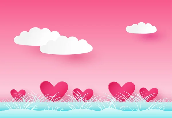 Den svatého Valentýna pozadí s srdce, mraky a trávy. Papírové syle. Vektorové ilustrace eps 10. — Stockový vektor
