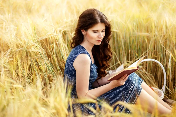Portret ładny zadowolony młoda kobieta z koszem w sukience czytając książkę, siedząc na trawie w pole. Słoneczny poranek. Zbierz sezon, jesień natura, pojęcie zdrowego — Zdjęcie stockowe