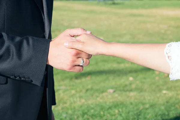 아름 다운 웨딩 커플, 신부와 신랑 녹색 배경 위에 밝은 미래를 보고 손을 잡고 — 스톡 사진