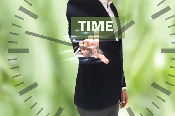 Businessman Pressing Time Word Virtual Button — Stock Photo, Image