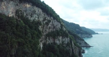 Engebeli karasu yüzünde yeşil ağaçlar, arka planda deniz, 4k drone videosu. 